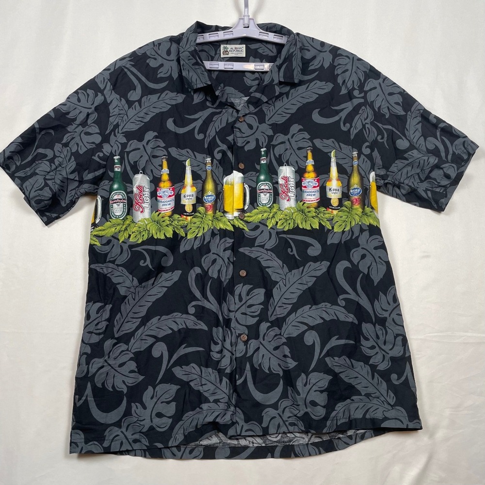Aloha Republic Hawaiian Shirt Beer Print Tropical Button Up Mens XL Made in USA
